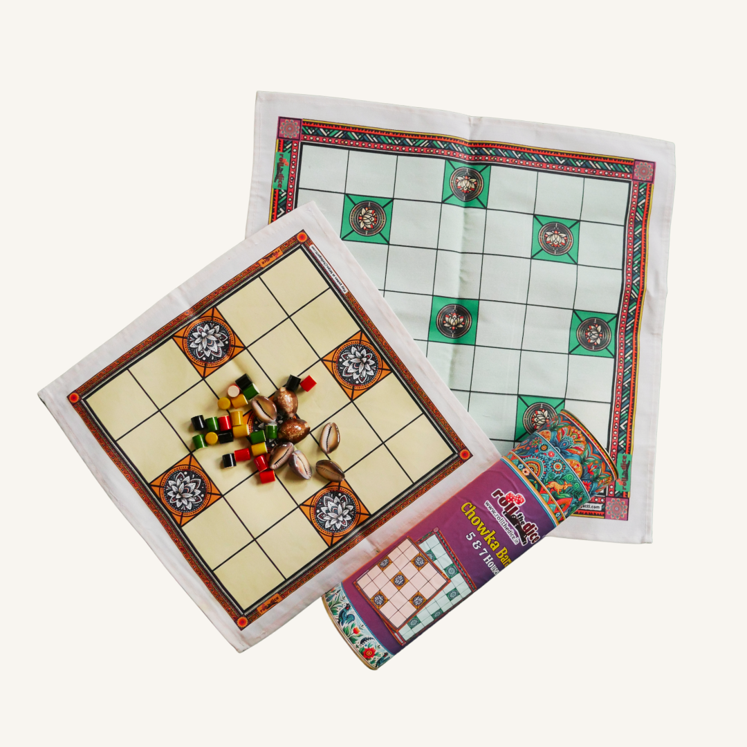 
                  
                    Chowka Bara 5 & 7 House Board Game Combo Set | Cotton Mat & Wooden Pawns | Ashta Chamma (Telugu), Daayam (Tamil) | Includes How to Play Instructions
                  
                