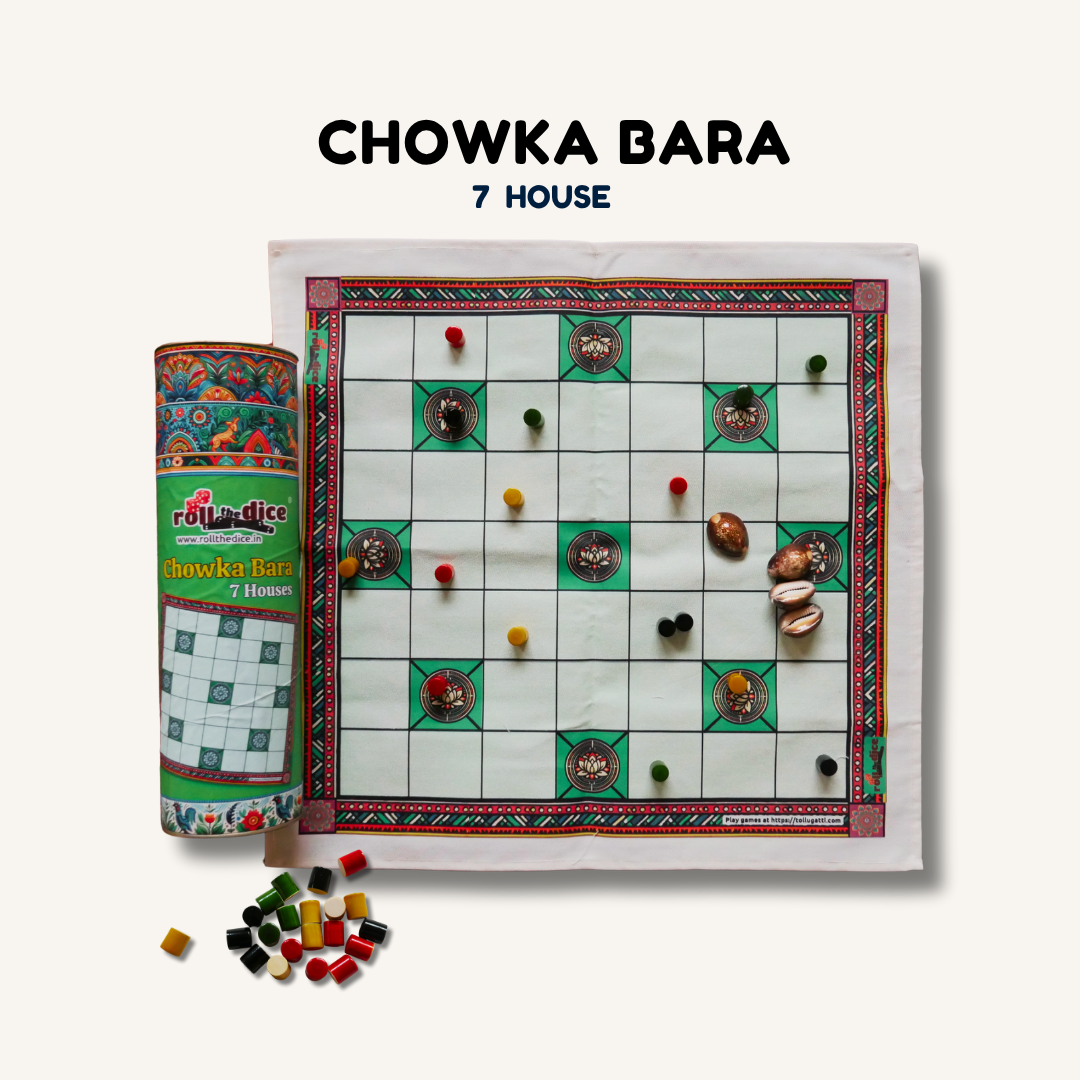 
                  
                    Chowka Bara 5 & 7 House Board Game Combo Set | Cotton Mat & Wooden Pawns | Ashta Chamma (Telugu), Daayam (Tamil) | Includes How to Play Instructions
                  
                