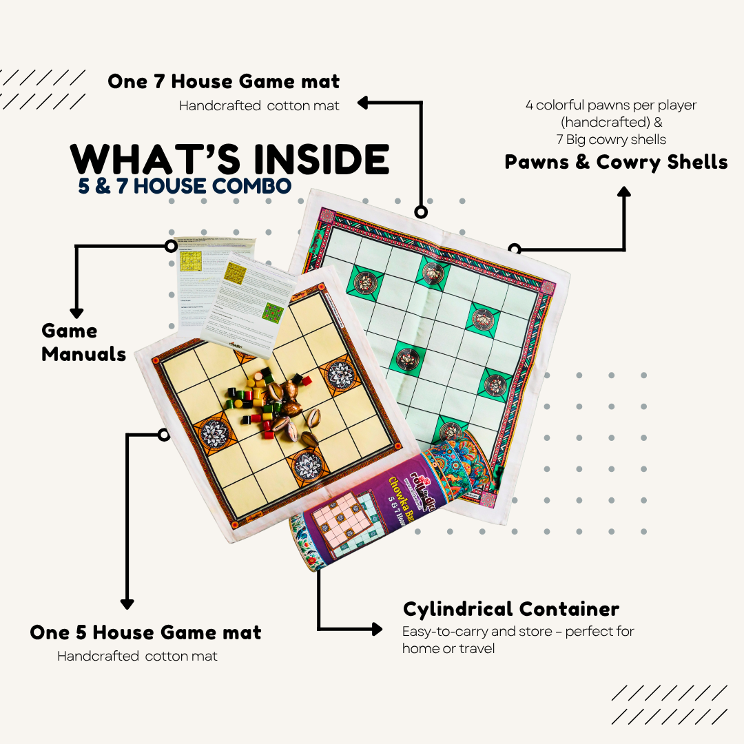 
                  
                    Chowka Bara 5 & 7 House Board Game Combo Set | Cotton Mat & Wooden Pawns | Ashta Chamma (Telugu), Daayam (Tamil) | Includes How to Play Instructions
                  
                