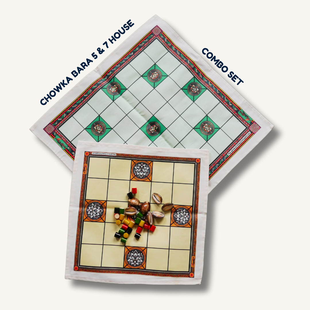 
                  
                    Chowka Bara 5 & 7 House Board Game Combo Set | Cotton Mat & Wooden Pawns | Ashta Chamma (Telugu), Daayam (Tamil) | Includes How to Play Instructions
                  
                