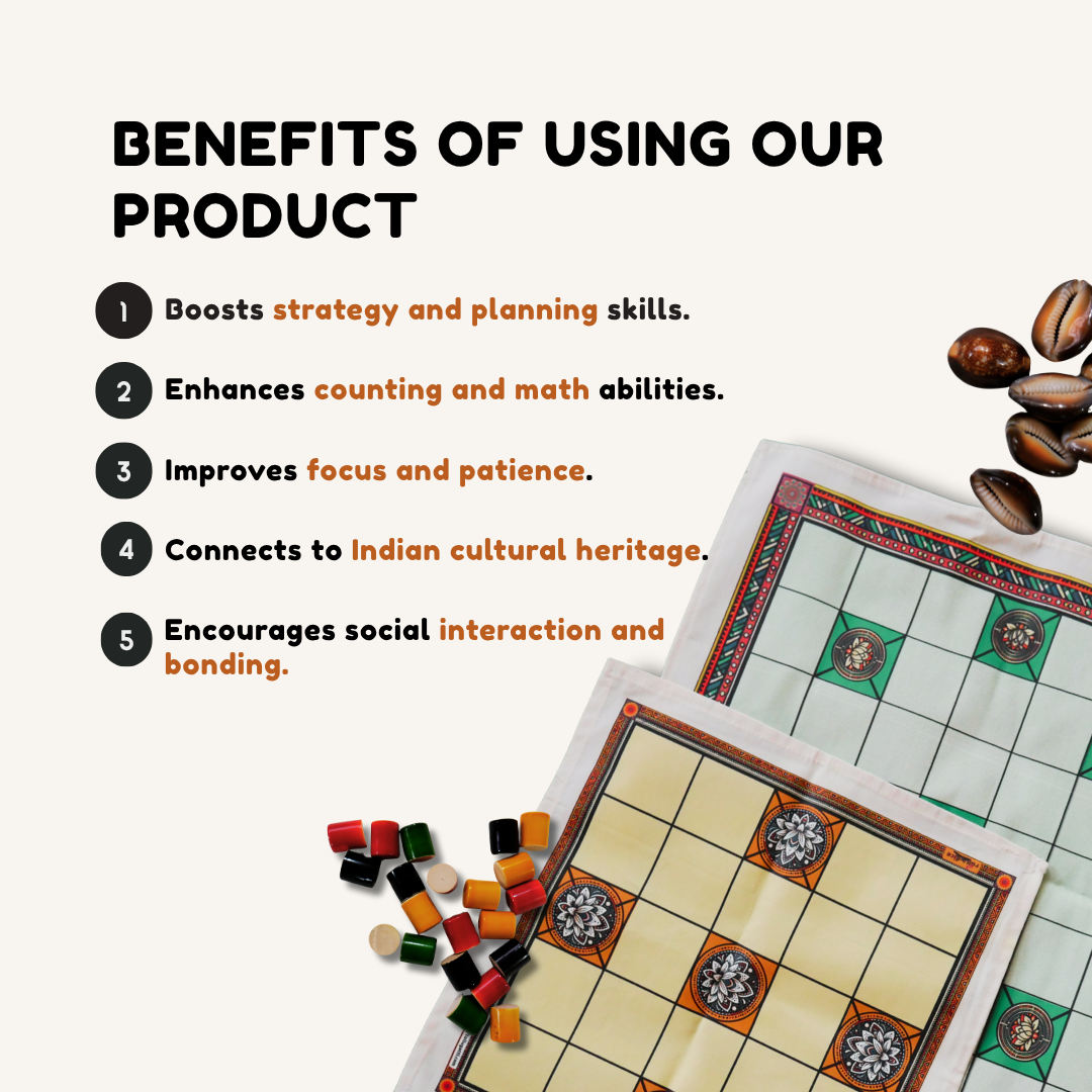 
                  
                    Chowka Bara 5 & 7 House Board Game Combo Set | Cotton Mat & Wooden Pawns | Ashta Chamma (Telugu), Daayam (Tamil) | Includes How to Play Instructions
                  
                