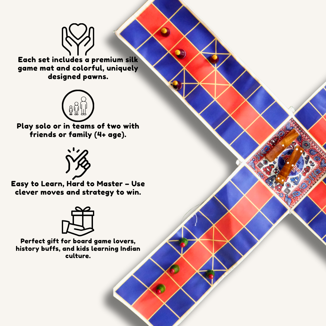 
                  
                    Pagade Board Game – Traditional Indian Pachisi (Parcheesi) Set in Blue & Red | Handmade Wooden Pieces | Includes How-to-Play Guide
                  
                