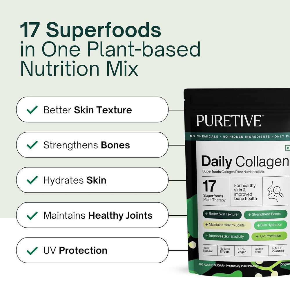 
                  
                    PURETIVE | Daily Collagen Plant Nutritional Mix | 100% Plant Based for Radiant Skin | Prevents Dull Skin, Brittle Nails, Hair Loss & Joint Discomfort | Improves Skin Texture I 100g
                  
                