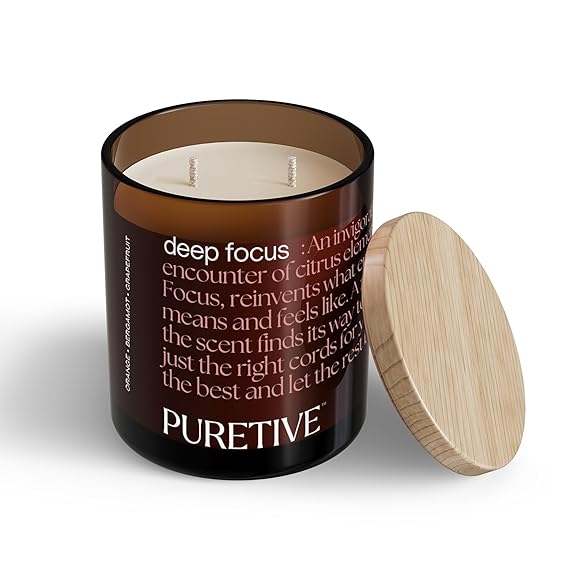 
                  
                    PURETIVE I Deep Focus Scented Plant Therapy Candle | Orange, Bergamot and Grapefruit | 100% Soy Wax & Essesntial Oil I Luxury Gifting I 2 Wick Candle I Large I Upto 35 hrs Burn time
                  
                