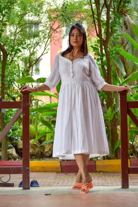 PRISTINE ELEGANCE – SuperFine Muslin Cotton Handmade Summer Dress | Casual A Line /Midi Dress For Summer | Semi Lantern Sleeves.