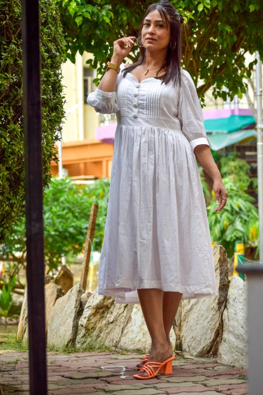 
                  
                    PRISTINE ELEGANCE – SuperFine Muslin Cotton Handmade Summer Dress | Casual A Line /Midi Dress For Summer | Semi Lantern Sleeves.
                  
                