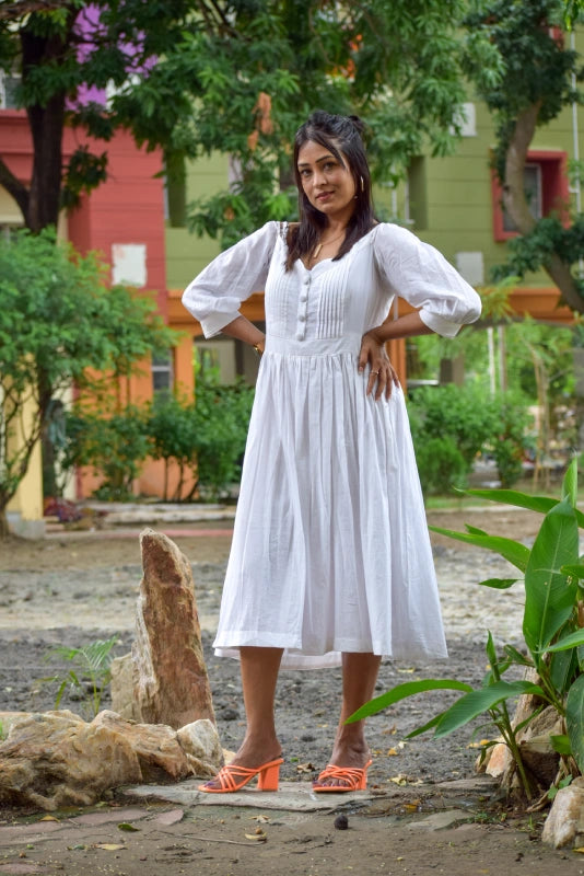 
                  
                    PRISTINE ELEGANCE – SuperFine Muslin Cotton Handmade Summer Dress | Casual A Line /Midi Dress For Summer | Semi Lantern Sleeves.
                  
                