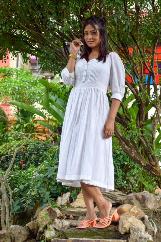 
                  
                    PRISTINE ELEGANCE – SuperFine Muslin Cotton Handmade Summer Dress | Casual A Line /Midi Dress For Summer | Semi Lantern Sleeves.
                  
                