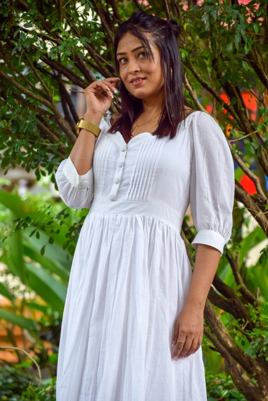 
                  
                    PRISTINE ELEGANCE – SuperFine Muslin Cotton Handmade Summer Dress | Casual A Line /Midi Dress For Summer | Semi Lantern Sleeves.
                  
                