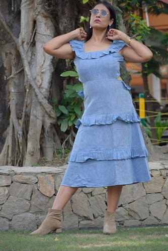 
                  
                    MADRID SUN — Short Frilled Sleeves High Waist,Multi Tiered Midi A Line Swing Dress.
                  
                