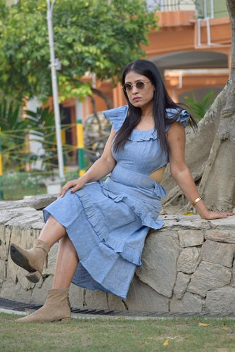 
                  
                    MADRID SUN — Short Frilled Sleeves High Waist,Multi Tiered Midi A Line Swing Dress.
                  
                