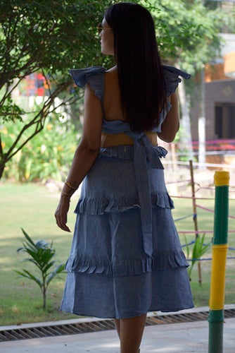 
                  
                    MADRID SUN — Short Frilled Sleeves High Waist,Multi Tiered Midi A Line Swing Dress.
                  
                