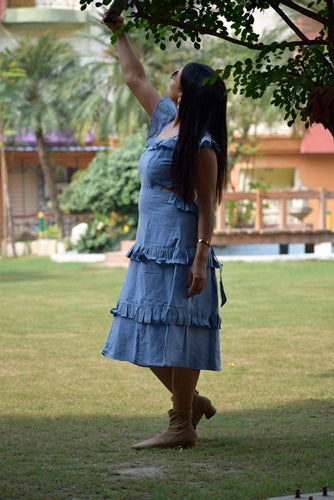 
                  
                    MADRID SUN — Short Frilled Sleeves High Waist,Multi Tiered Midi A Line Swing Dress.
                  
                