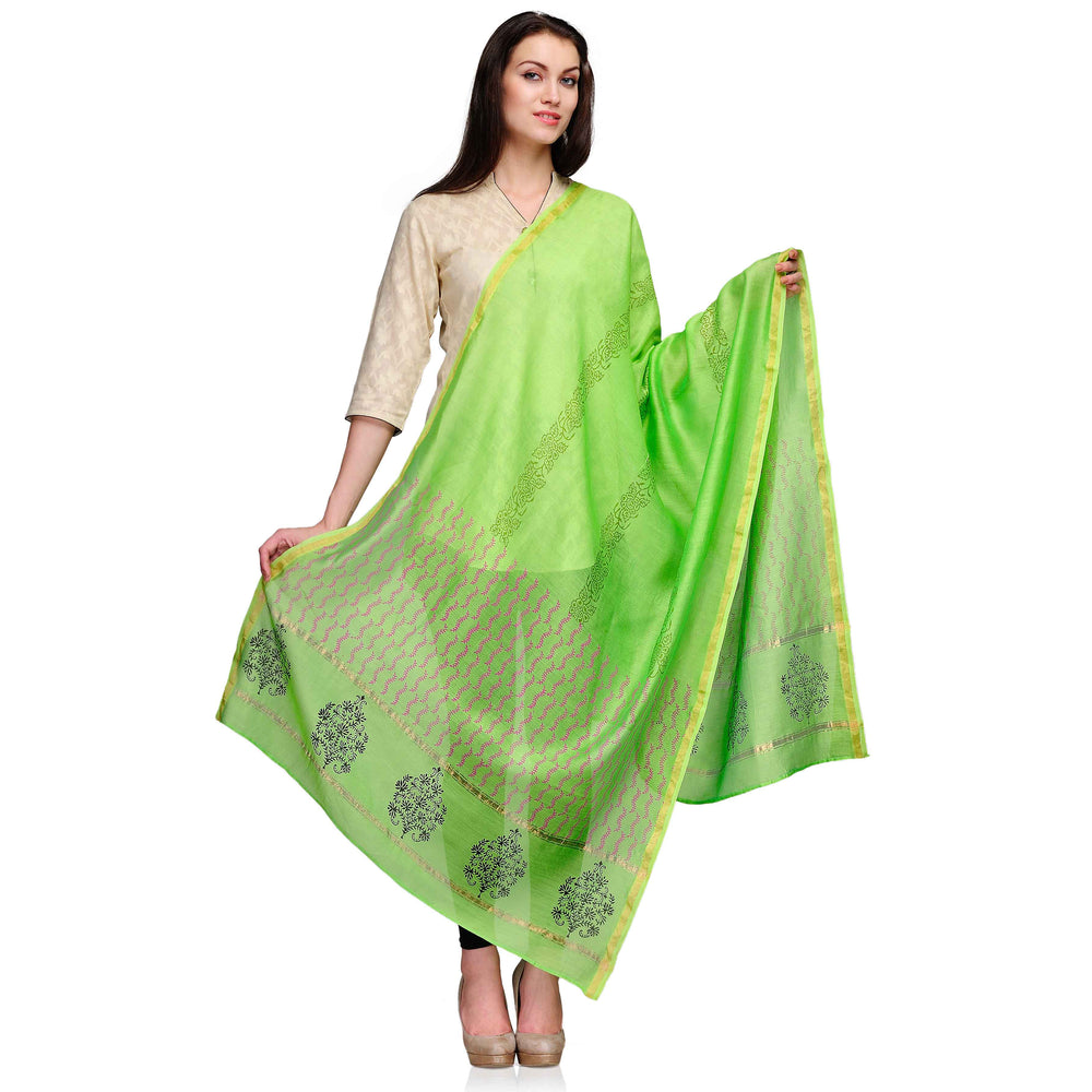 Green Cotton Silk Chanderi Block Print Dupatta