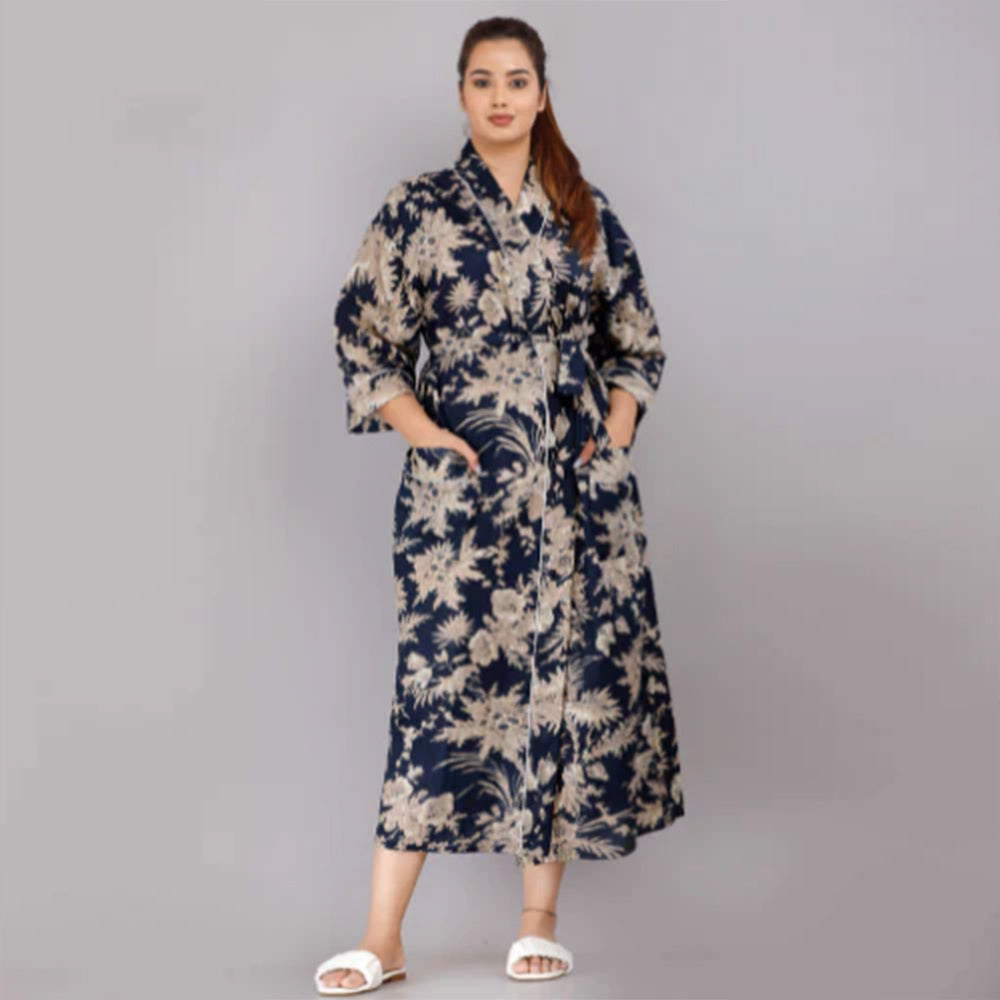 Floral Pattern Kimono Robe Long Bathrobe For Women (Blue)