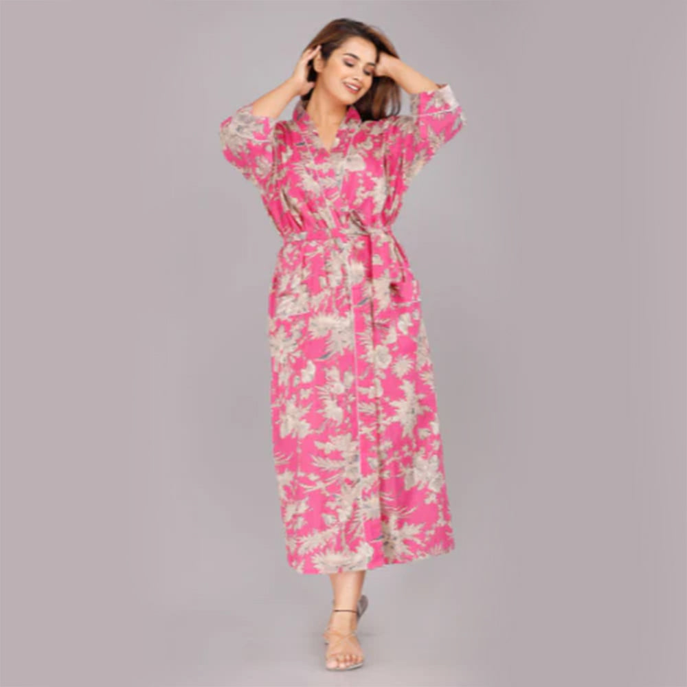 Floral Pattern Kimono Robe Long Bathrobe For Women (Pink)