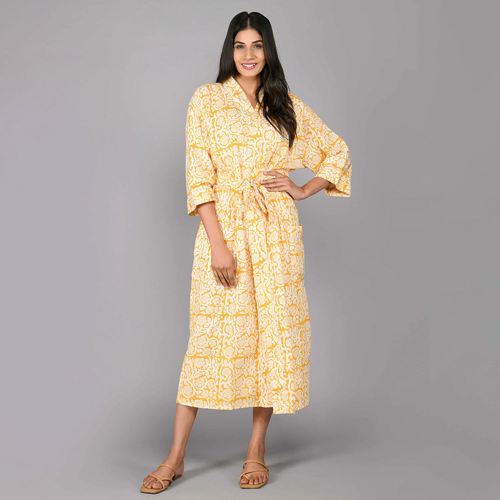 Floral Pattern Kimono Robe Long Bathrobe For Women (Yellow)
