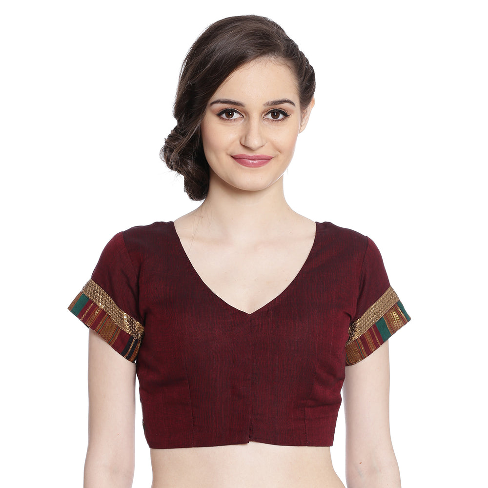 Maroon Handwoven Saree Blouse with Paisley Embroidery