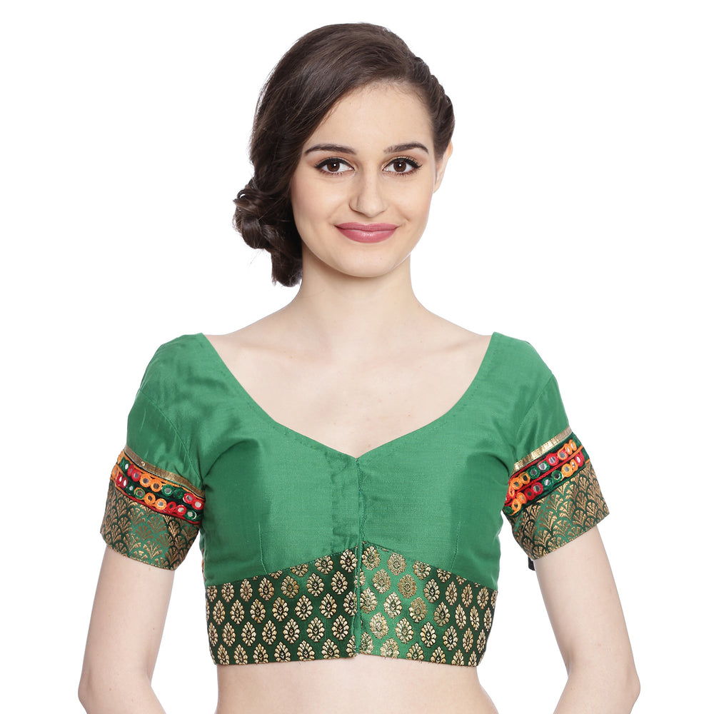 Green Cotton Silk Saree Blouse with Brocade and Mirror Border