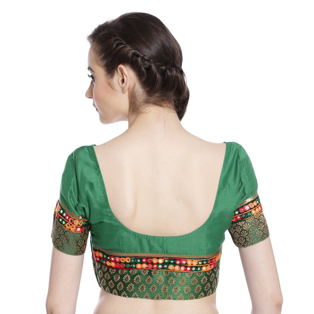 
                  
                    Green Cotton Silk Saree Blouse with Brocade and Mirror Border
                  
                
