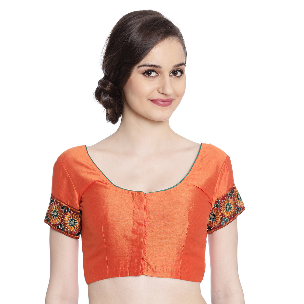 Orange Cotton Silk Saree Blouse with Embroidery