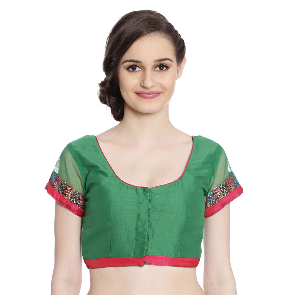 Dark Green Cotton Silk Saree Blouse with Floral Motif and Net Sleeves