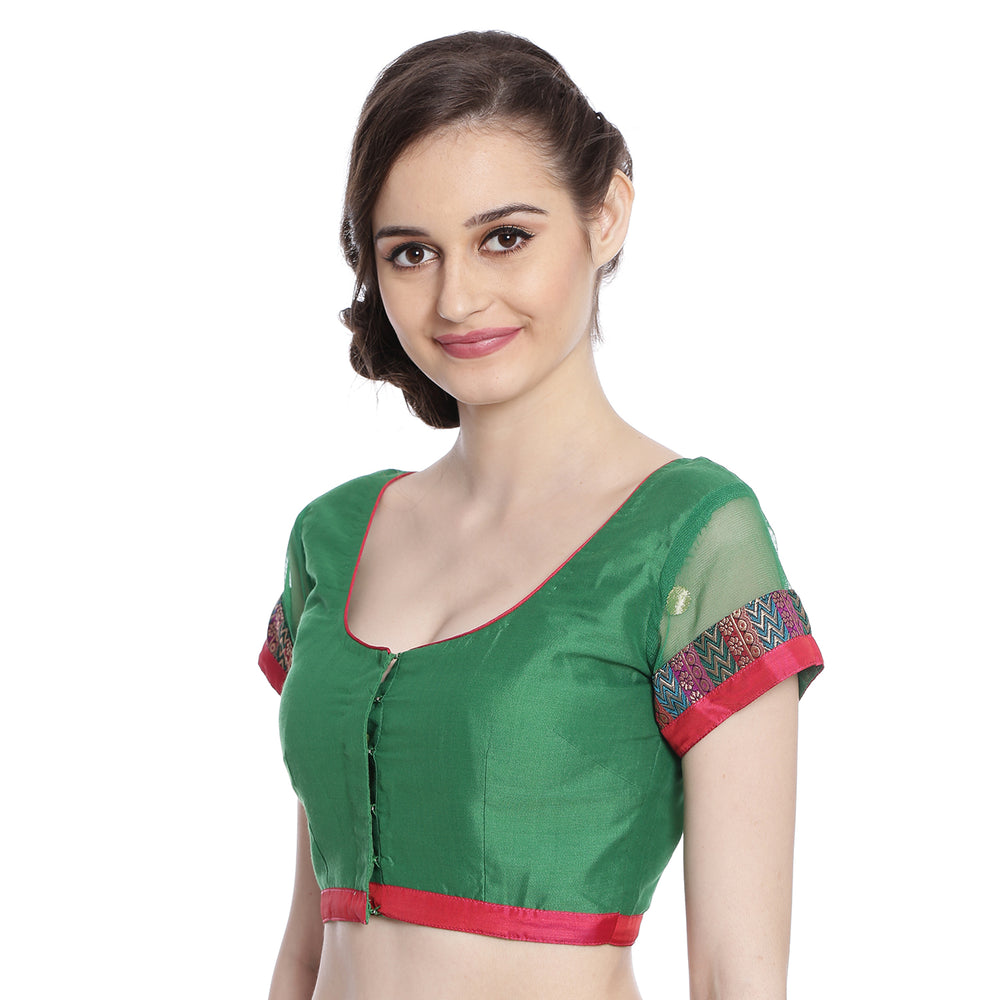 
                  
                    Dark Green Cotton Silk Saree Blouse with Floral Motif and Net Sleeves
                  
                