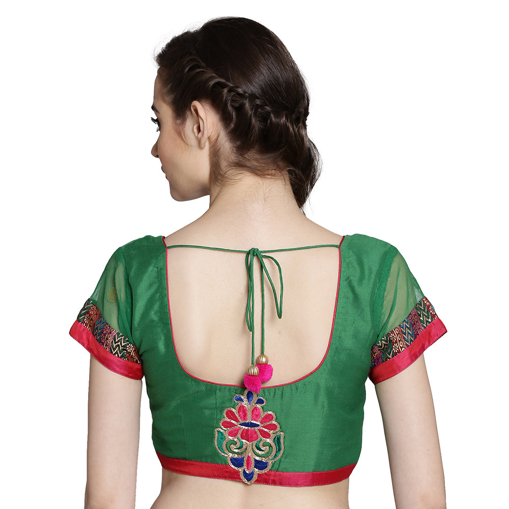 
                  
                    Dark Green Cotton Silk Saree Blouse with Floral Motif and Net Sleeves
                  
                