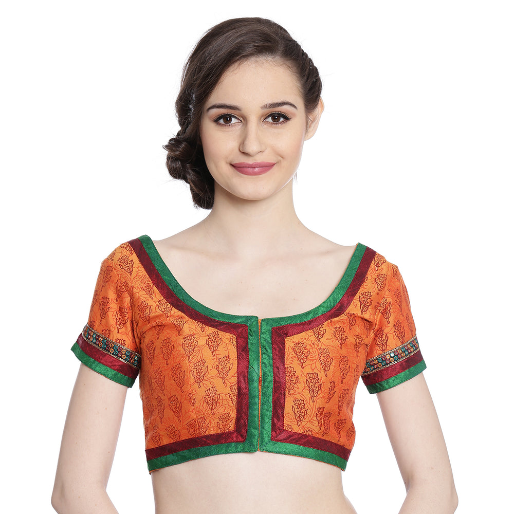Lotus Print Orange Cotton Silk Saree Blouse