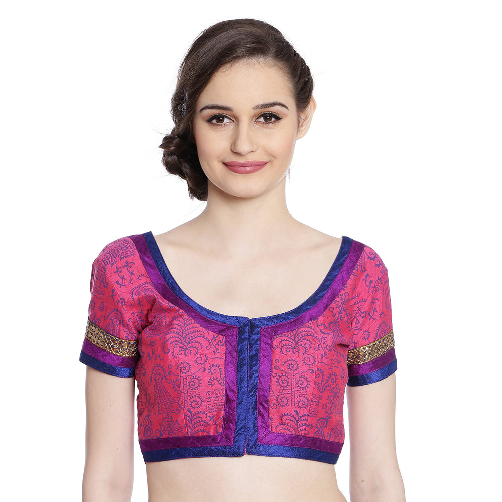 Pink Warli Print Cotton Silk Saree Blouse with Embroidery