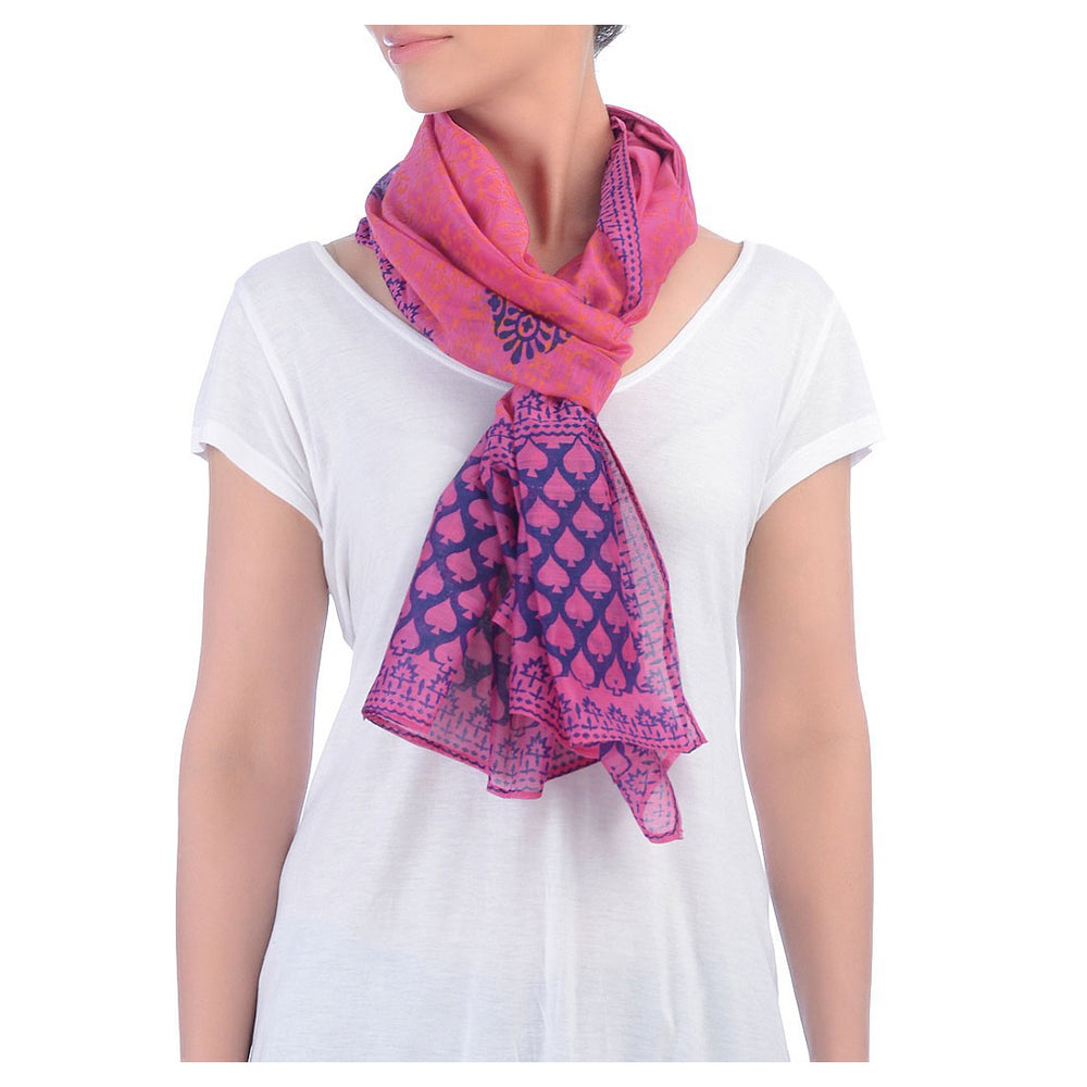 Pink Block Printed Cotton Silk Stole