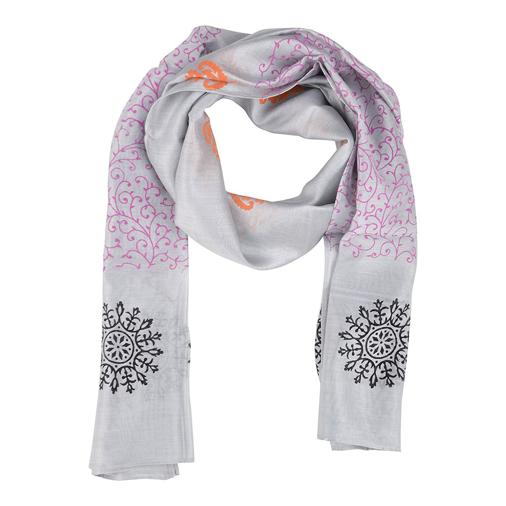 Grey Cotton Silk Block Print Stole