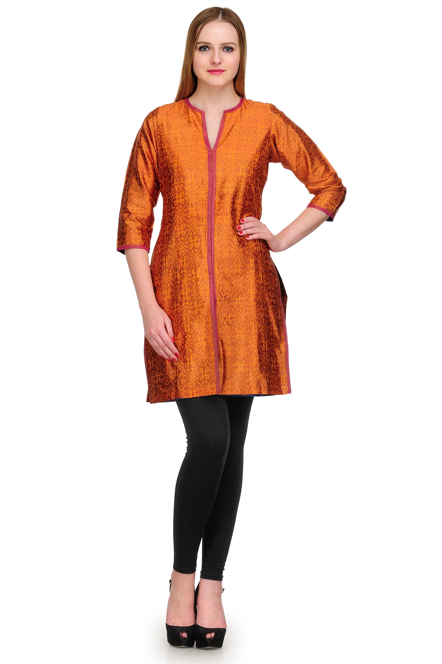 
                  
                    Orange Ikat Silk Jacket Style Tunic
                  
                