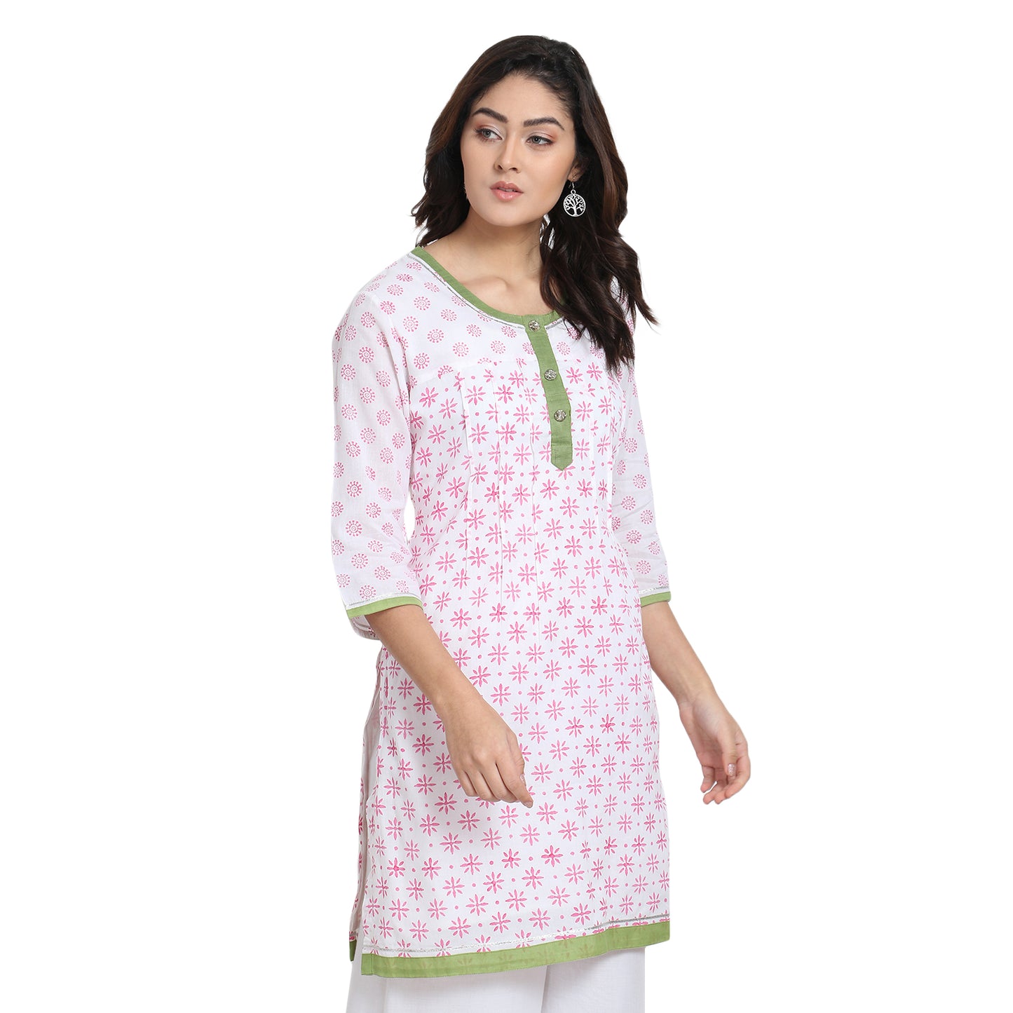 
                  
                    White with Pink Block Print Cotton Kurta
                  
                