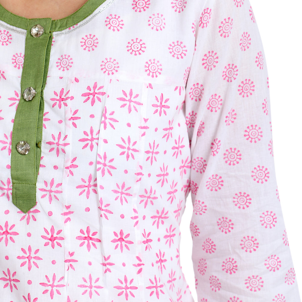 
                  
                    White with Pink Block Print Cotton Kurta
                  
                