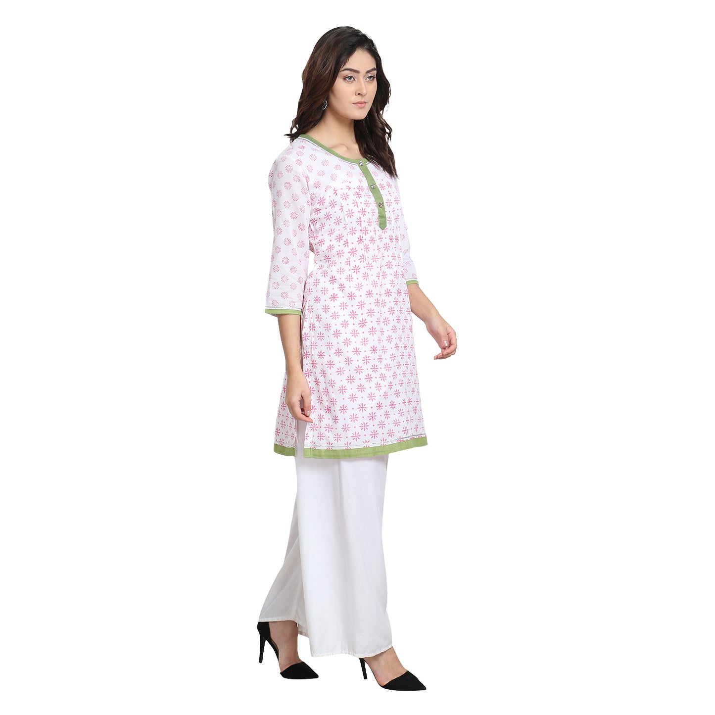 
                  
                    White with Pink Block Print Cotton Kurta
                  
                