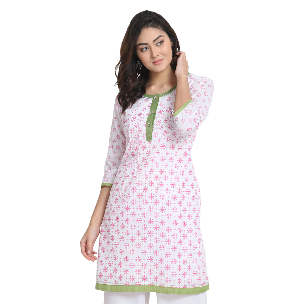 White with Pink Block Print Cotton Kurta