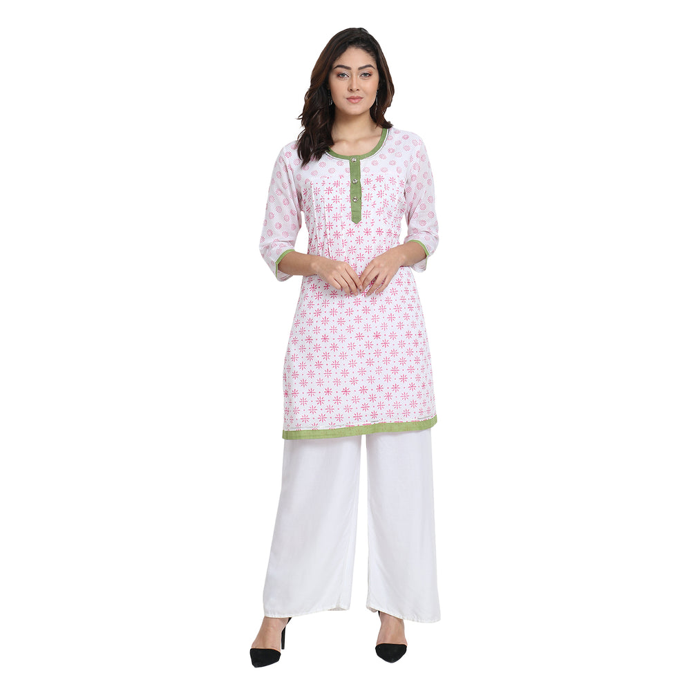 
                  
                    White with Pink Block Print Cotton Kurta
                  
                