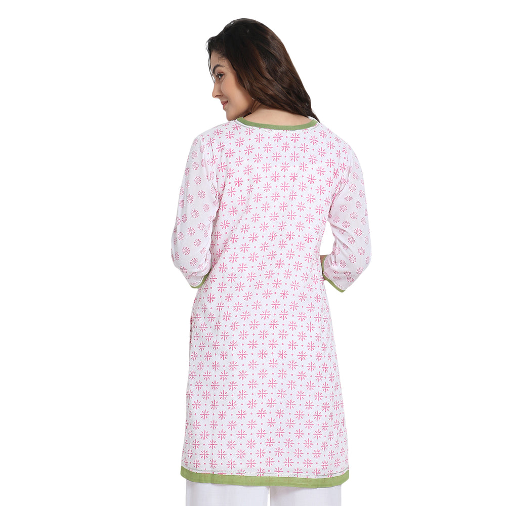 
                  
                    White with Pink Block Print Cotton Kurta
                  
                