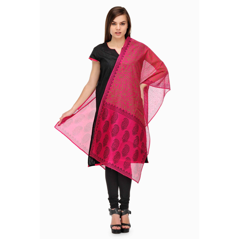 Pink Block Print Cotton Silk Stole