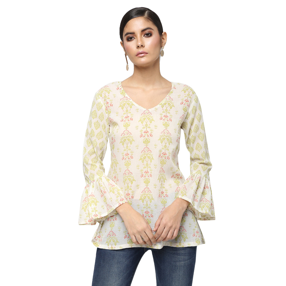 Ivory Floral Print Cotton Tunic