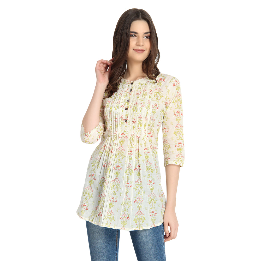 Ivory Floral Print Cotton Tunic