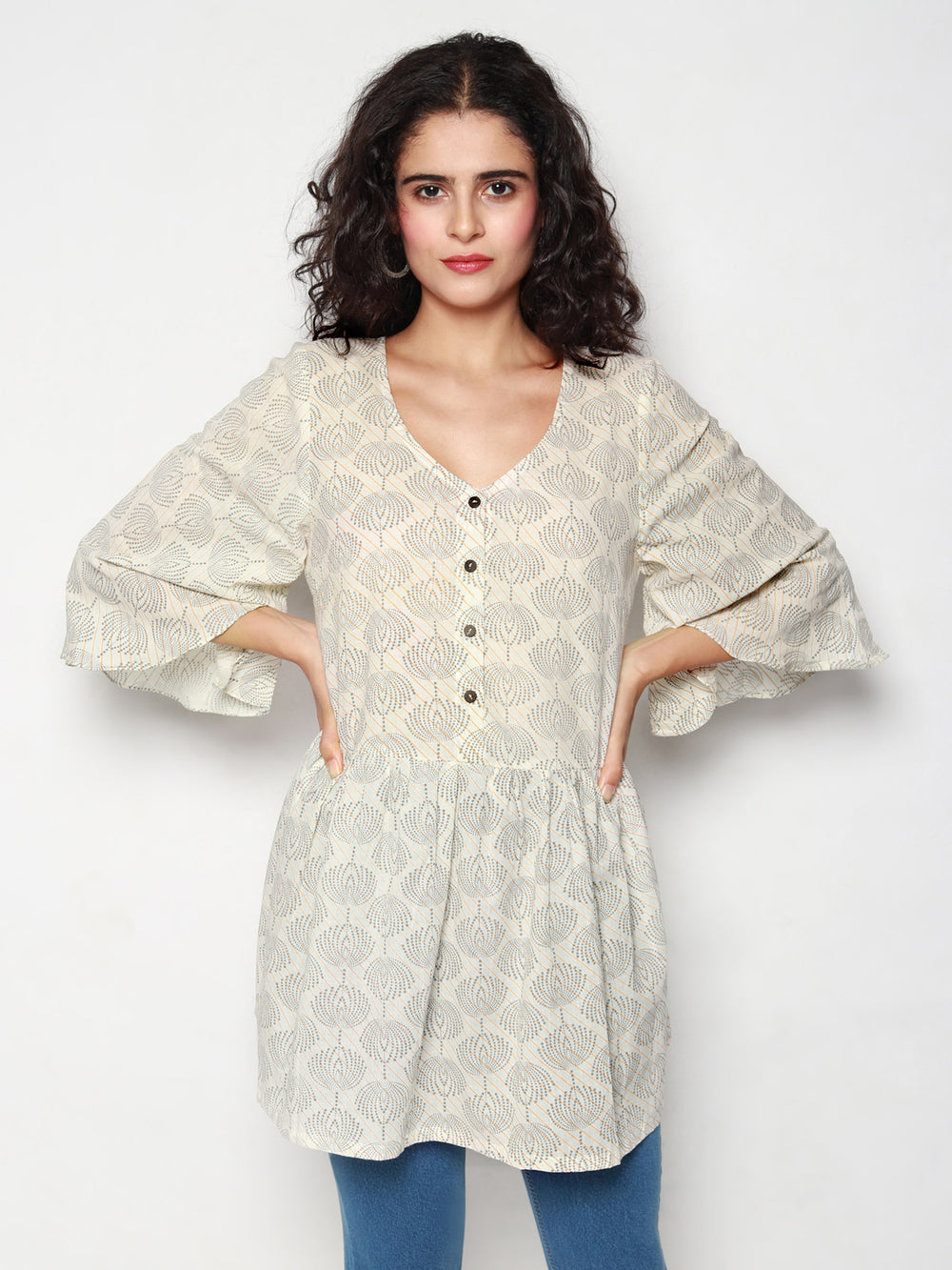 Ivory Cotton Tunic with Beige & Grey Print