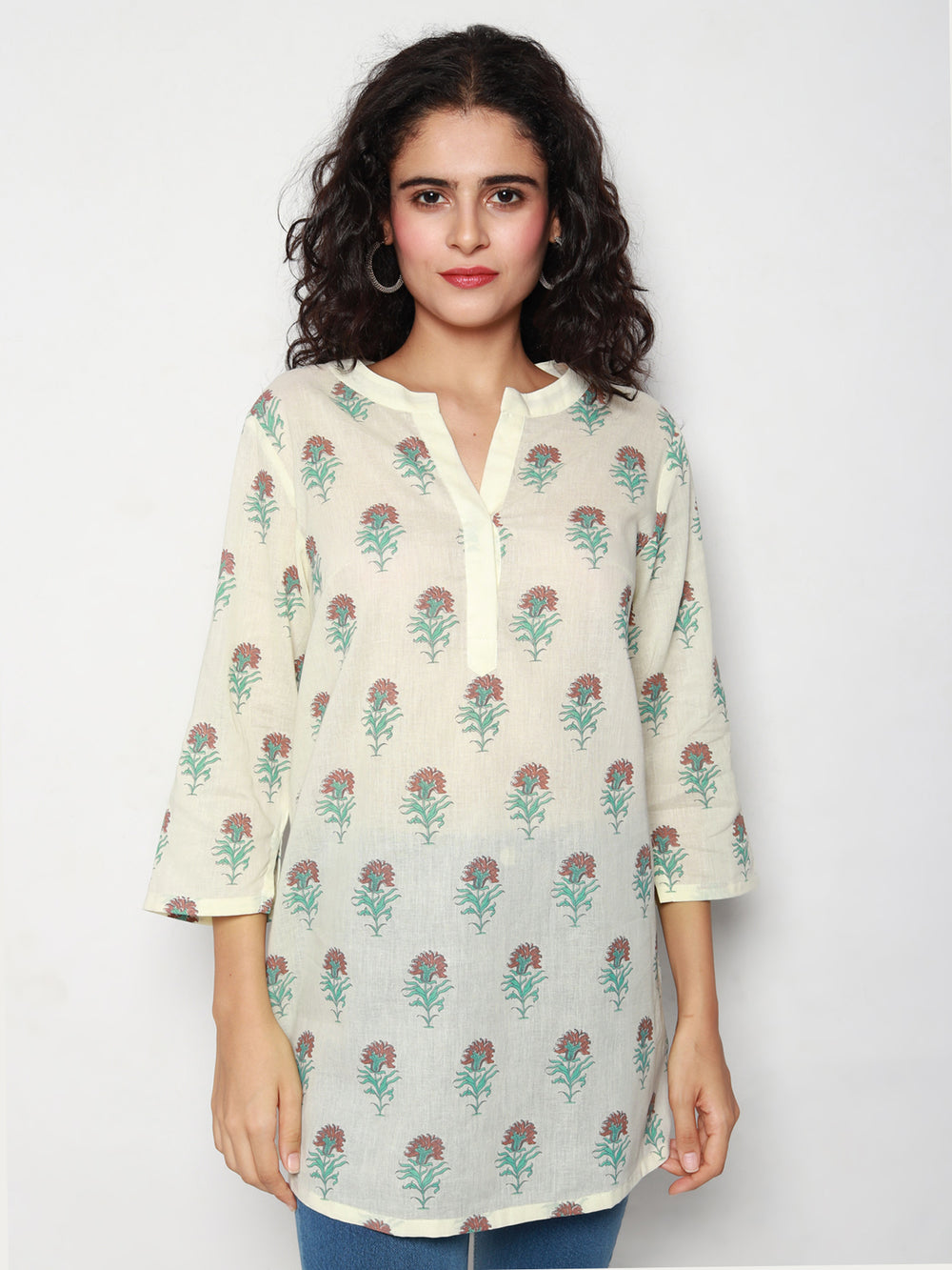 Ivory Cotton Tunic with Floral Block Prints