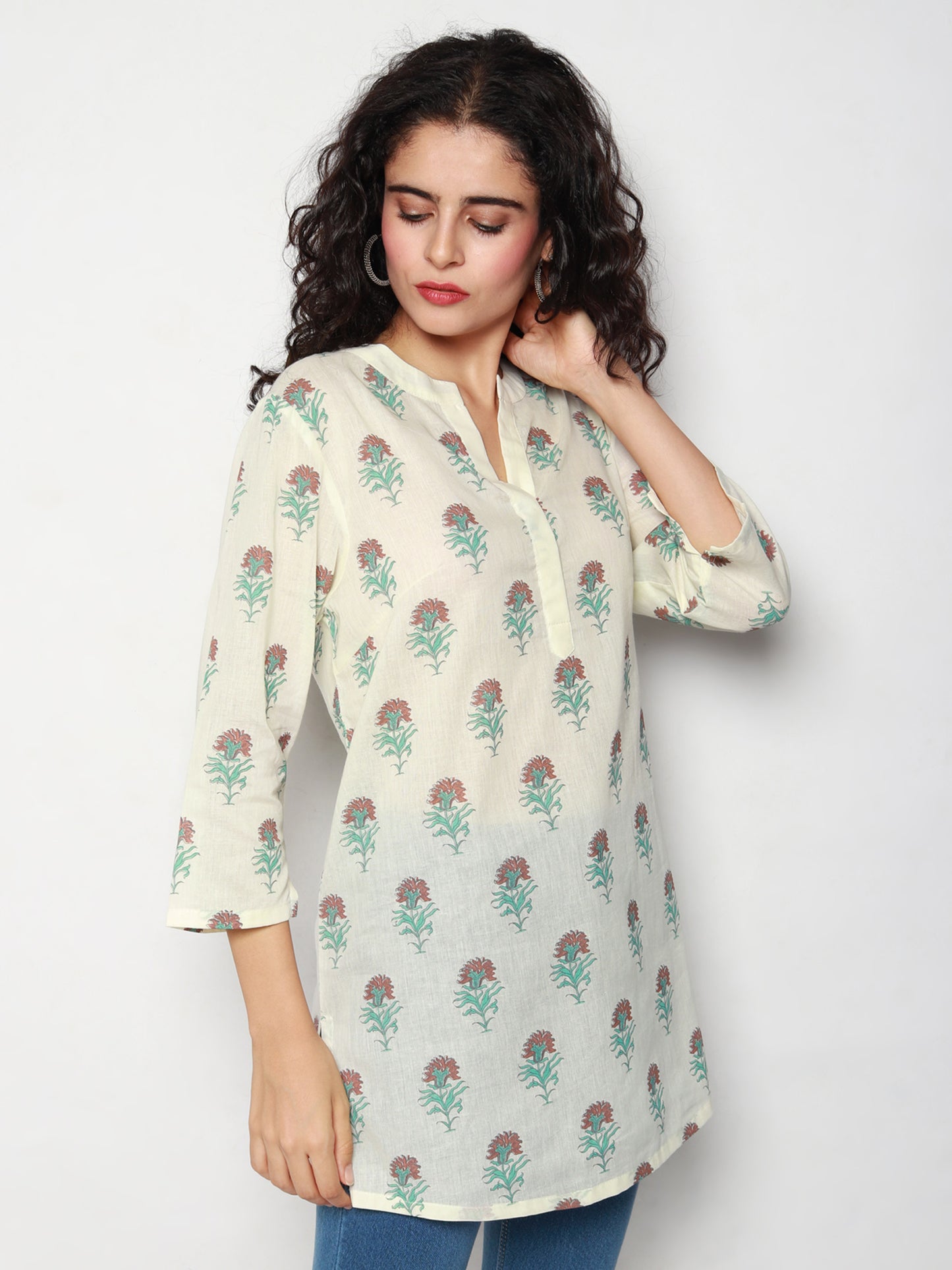 
                  
                    Ivory Cotton Tunic with Floral Block Prints
                  
                