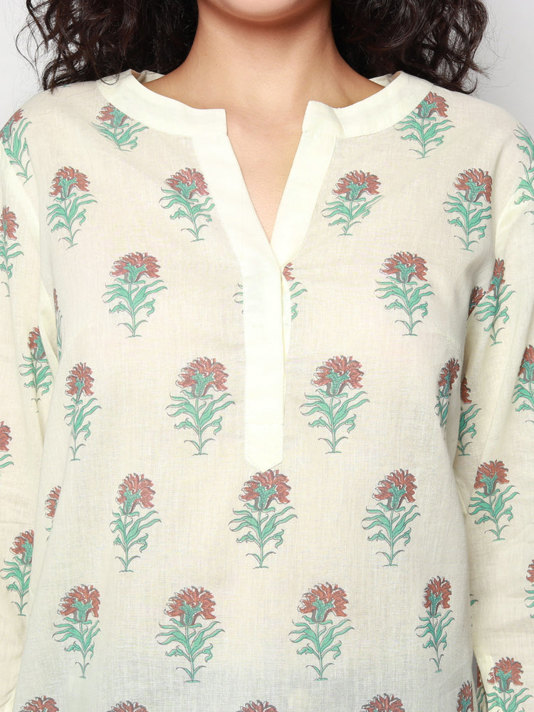 
                  
                    Ivory Cotton Tunic with Floral Block Prints
                  
                