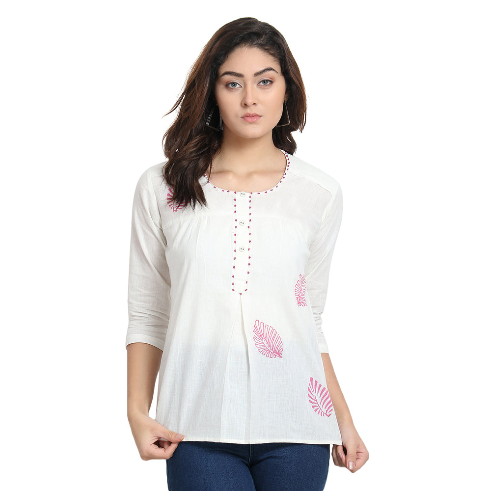 Ivory Cotton Top with Block Print Motifs