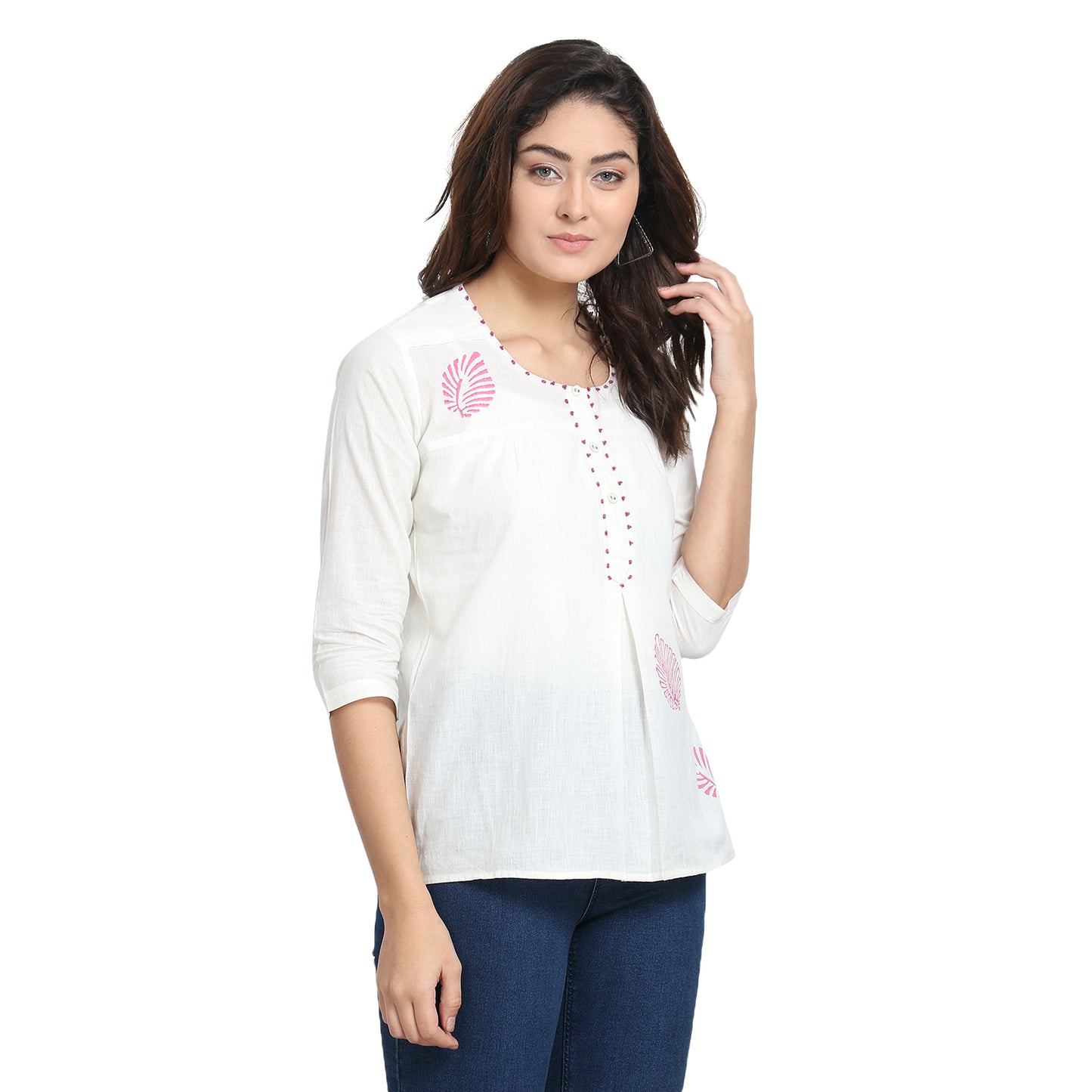 
                  
                    Ivory Cotton Top with Block Print Motifs
                  
                