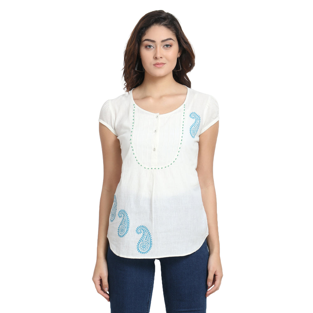 Ivory Cotton Top with Paisley Print