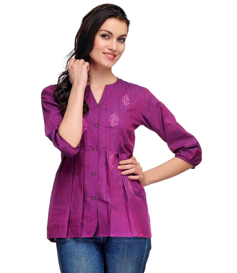 Purple Pleats Block Printed Cotton Top